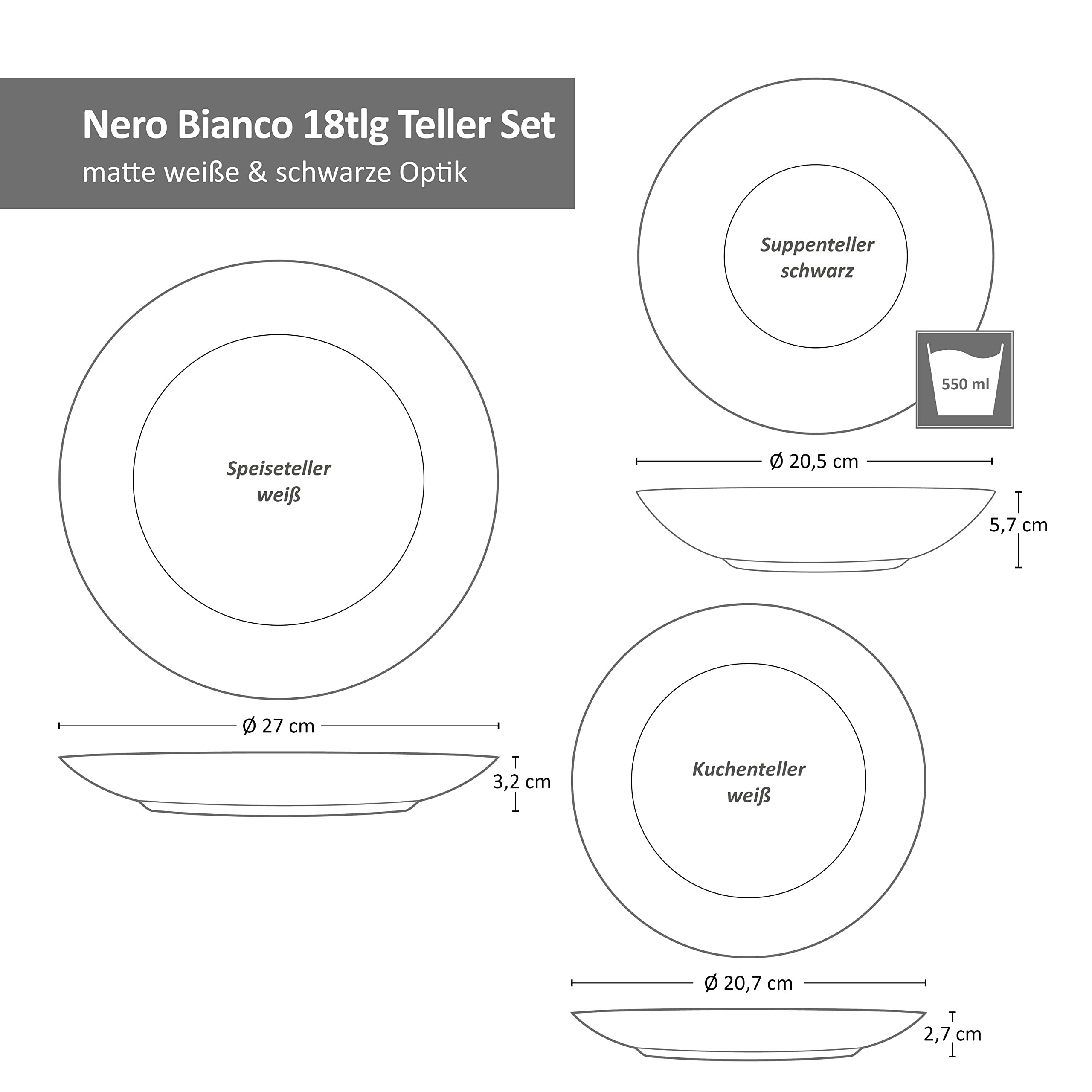 MamboCat Nero Bianco 18-TLG. Teller Set I 6 Personen I weißes & schwarzes Geschirr, matt I Speiseteller, Suppenteller & Kuchenteller I Steingut I Black & White I Essteller, Salat-Bowl, Desserteller