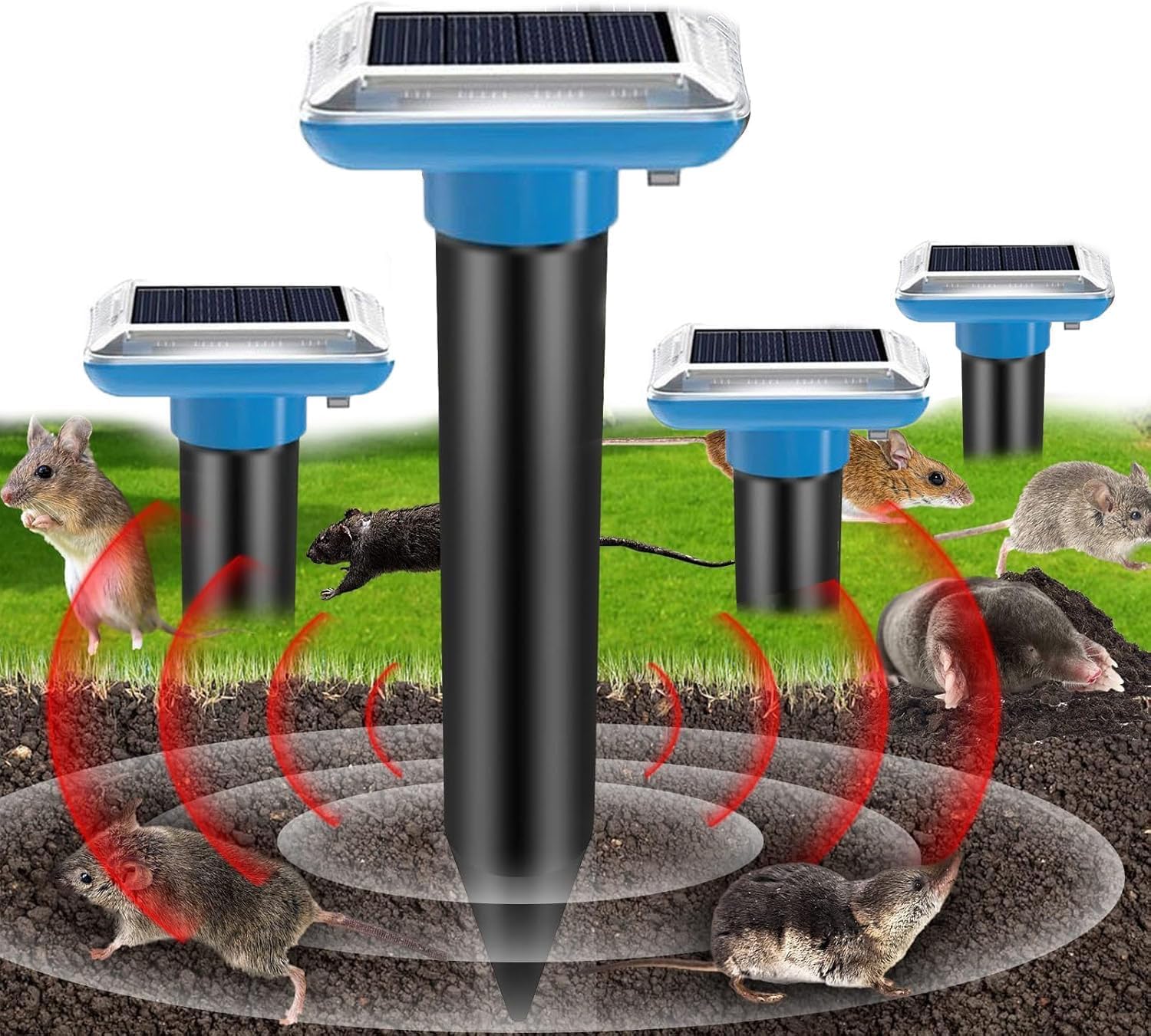 Lot de 4 répulsifs solaires Anti-Taupes - Répulsif Contre Les Taupes - Répulsif Contre Les campagnols - Répulsif à ultrasons pour Taupes