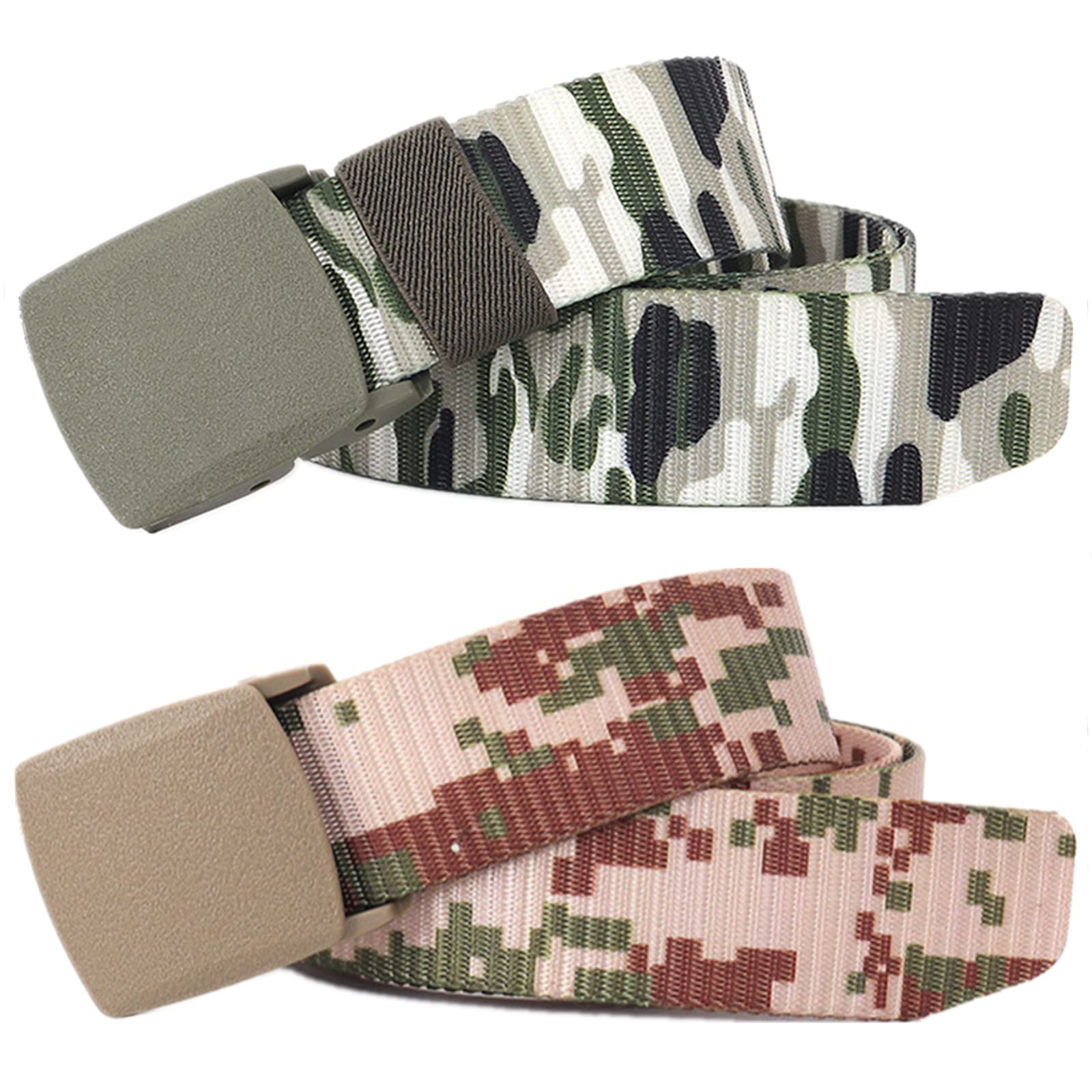 Cinturones para hombres Cinturón trenzado, cinturones for hombres y mujeres, lona de nailon de camuflaje, estilo militar de liberación rápida, cintura de talla grande con hebilla POM, paquete de 2(Cam