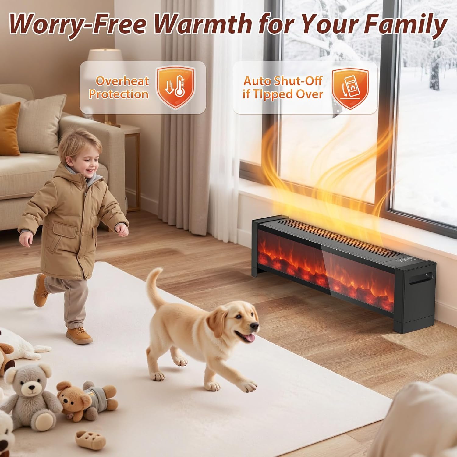 LifePlus 1500W Electric Fireplace Heater with Realistic Flame Effect, Adjustable Thermostat Space Heater for Large Room, Ultra Quiet Baseboard Heater with Remote, Double Protection for Indoor Use