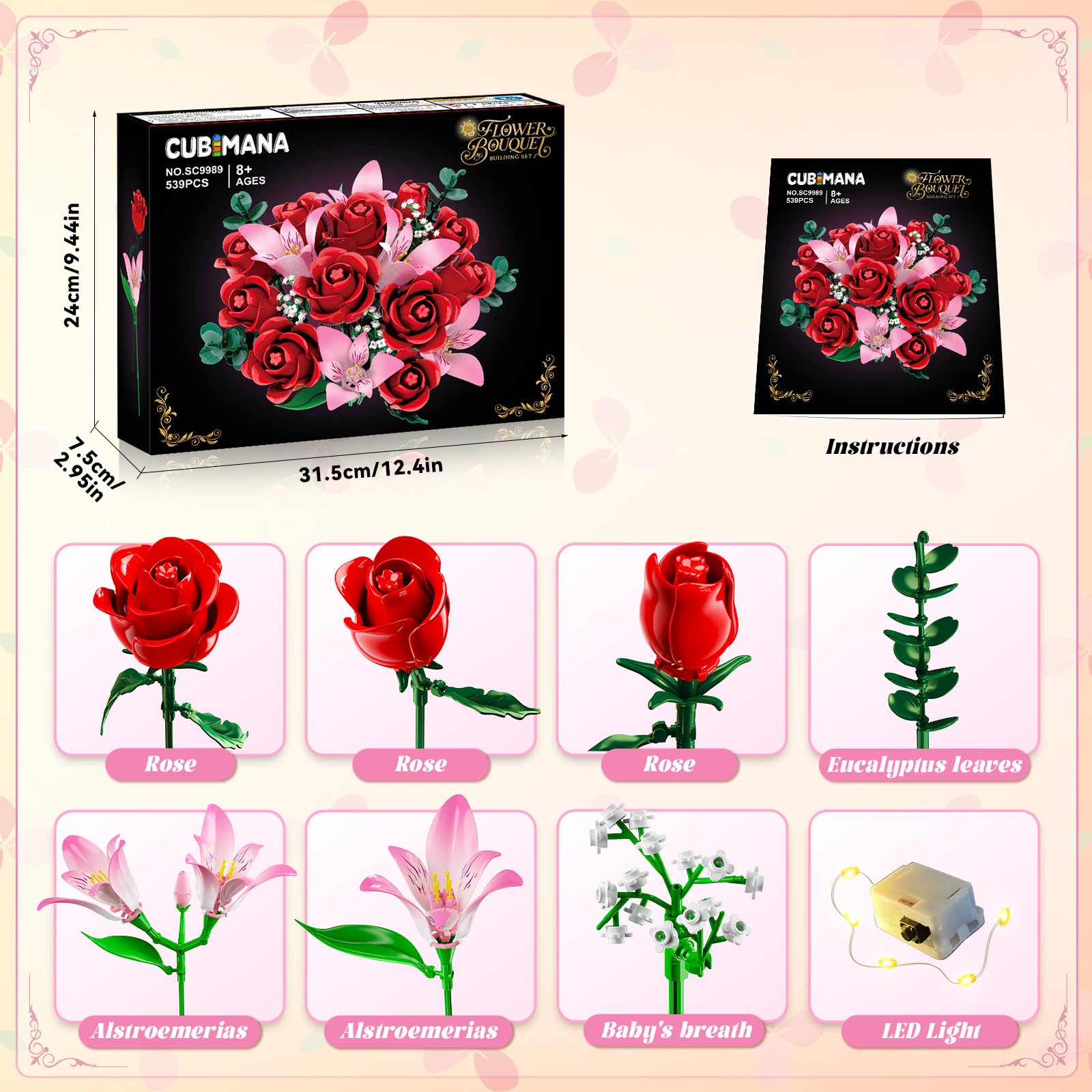 CUBIMANA Rose Flower Bouquet Building Set including LED - Image 3