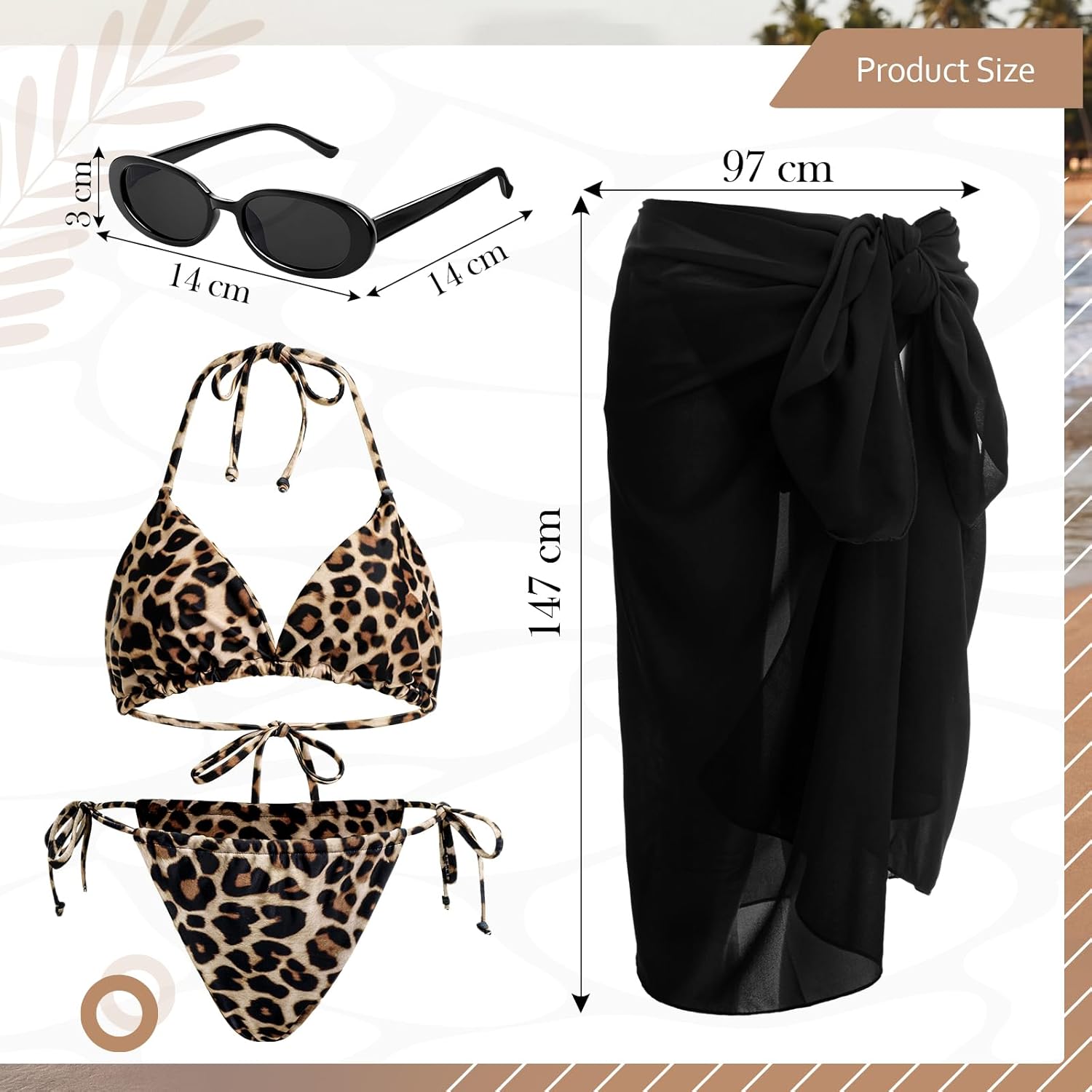 Mepase 3 Pcs Women's Bikini Set Beach Sarong Cover up Oval Sunglasses Bikini with Ties for Beach Pool Vacation