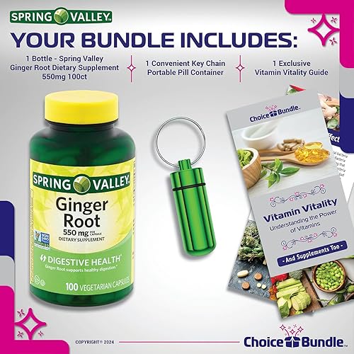 Miniatura 2 de Spring Valley - Cápsulas de suplemento dietético para la salud digestiva de raíz de jengibre, 550 mg, paquete de elección de 100 unidades + guía de