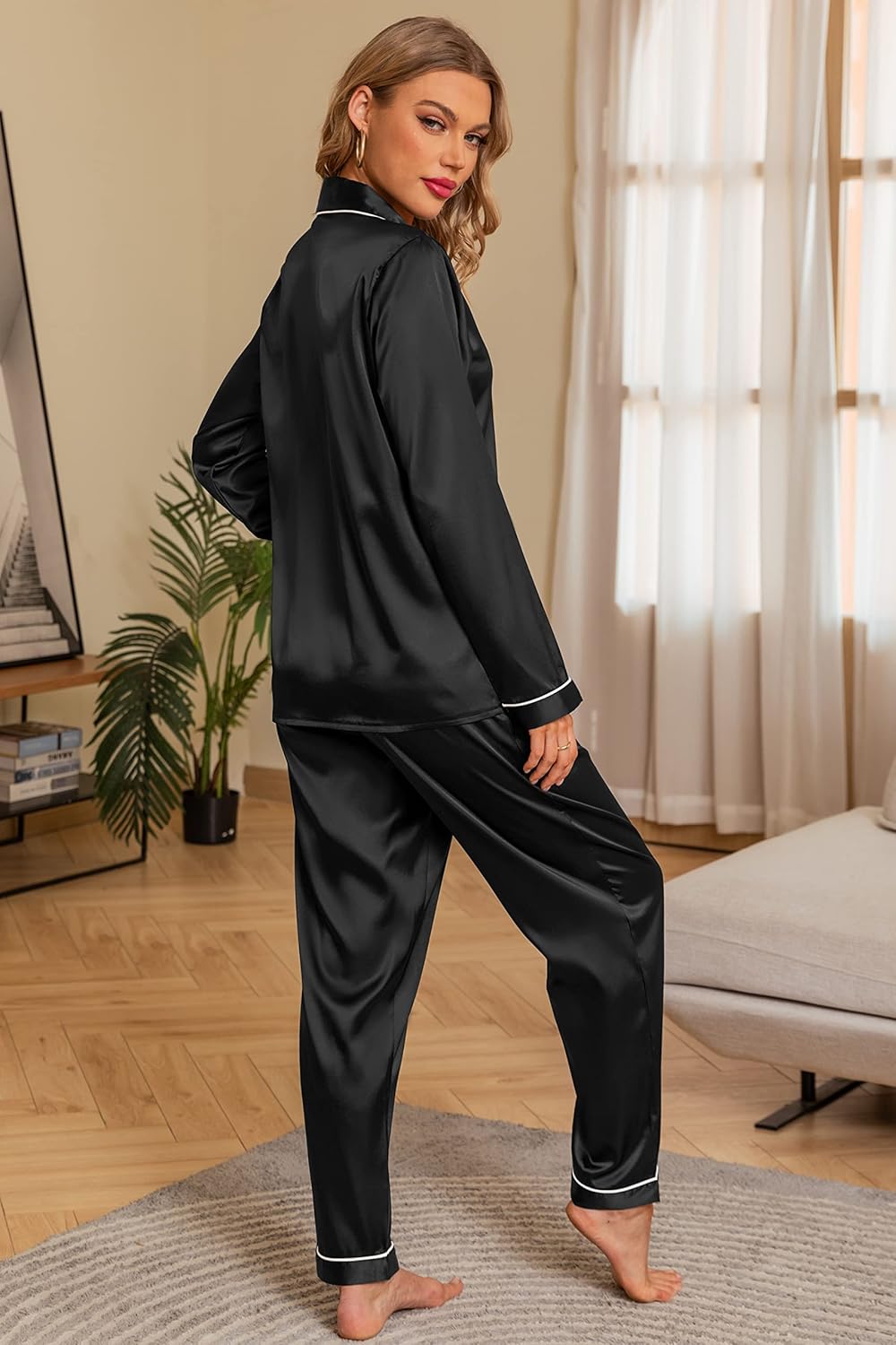 Anjue Silk Satin Pajamas Set Women's Long Sleeve Sleepwear Soft Pjs Set Two Piece Button Down Pj Set with Pockets S-XXL - Image 4