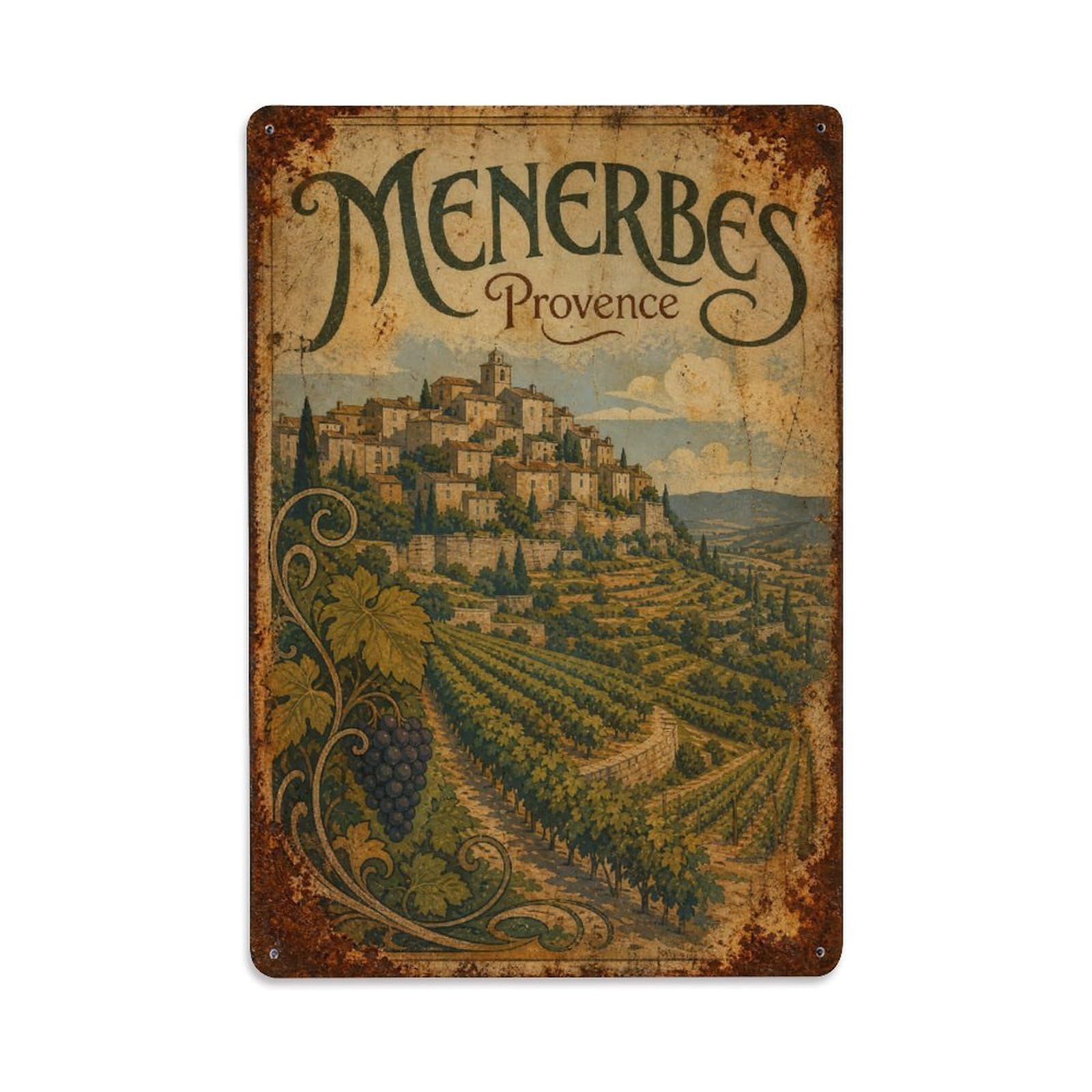 Gead 8X12inch Style Vintage Travel Menerbes Provence Hilltop Metal Tin Sign