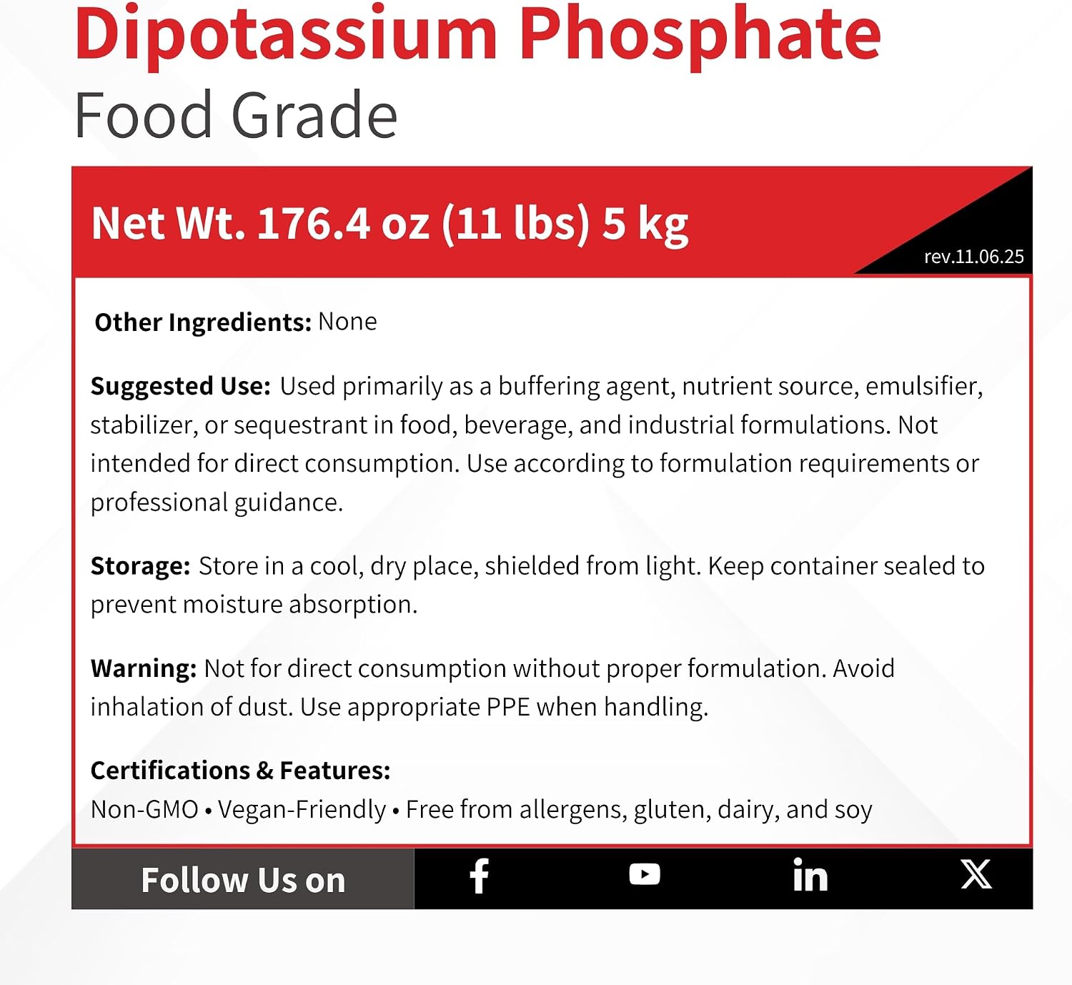 Dipotassium Phosphate DKP Food Grade Granular - 5 kg (11 lb) - FG Buffering Agent & Emulsifying Salt - K2HPO4 - Bulk Ingredient