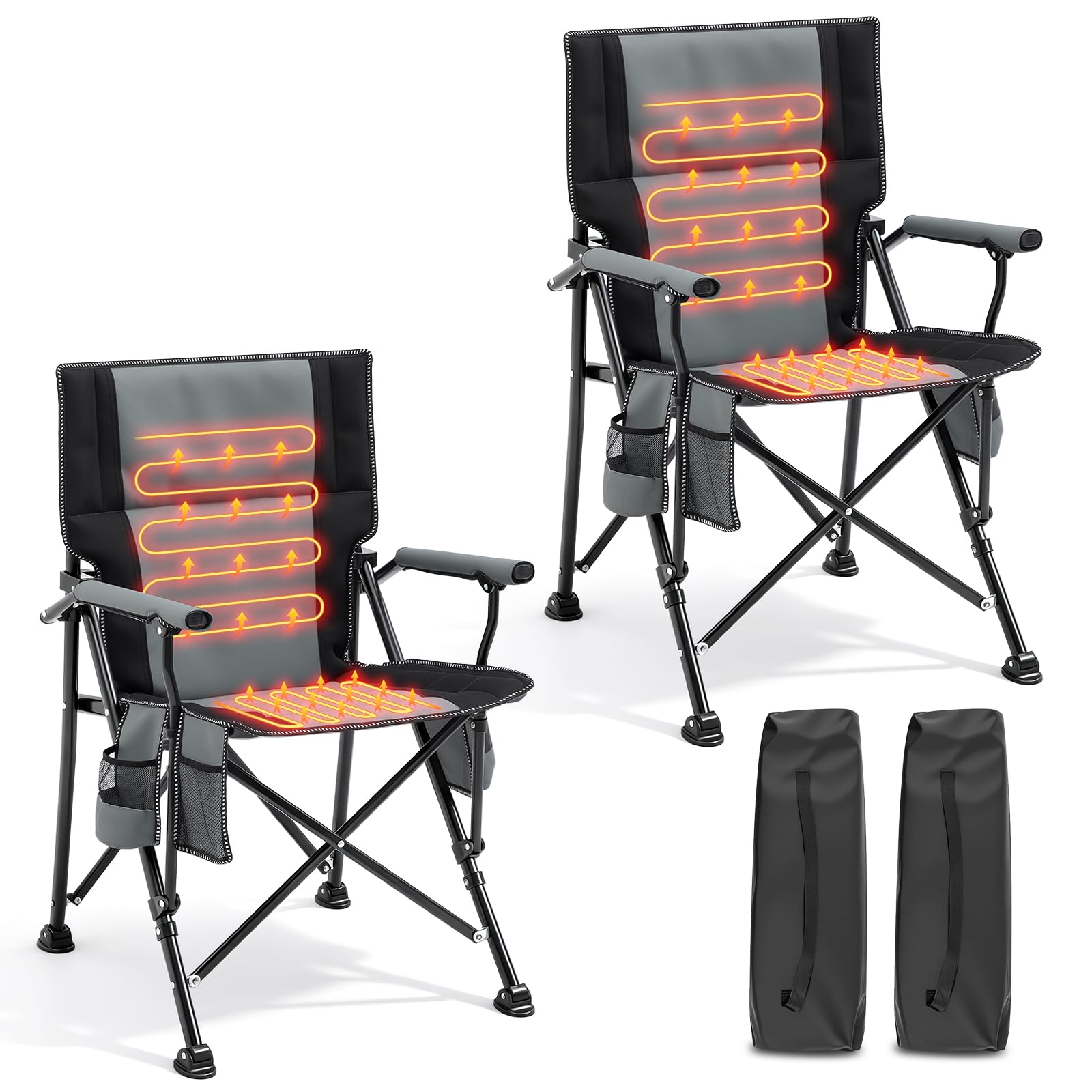 Photo 1 of 2 Pack Heated Camping Chair for Adults Outdoor Folding Heated Chair with Side Pocket and Cup Holder for Sports Lawn Hunting Picnics Patio Beach, Power Bank Not Included(Black, Grey)