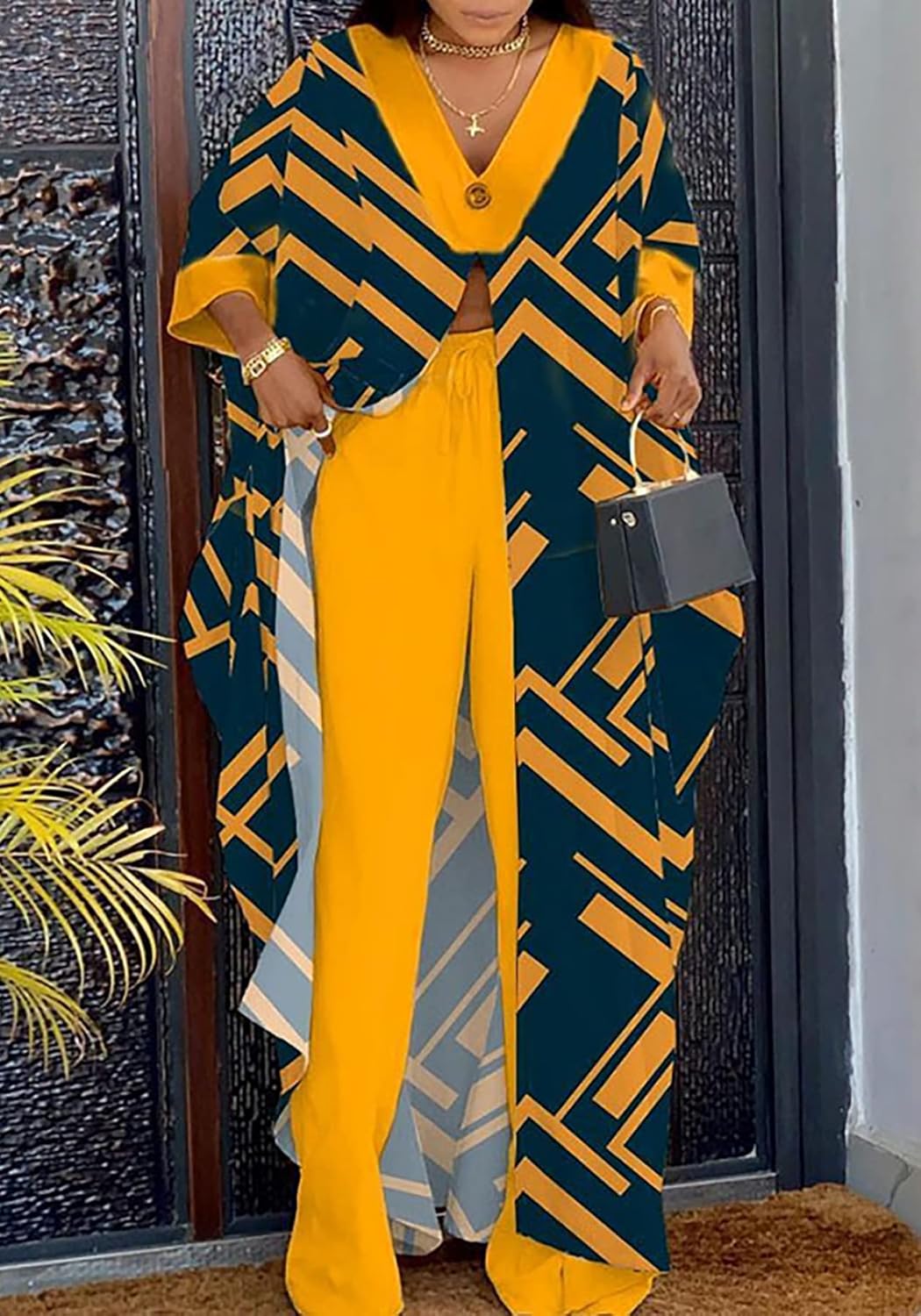 Women African 2 Piece Outfits Button V Neck Long Plus Size Split Caftans Wide Leg Pants Sets - Image 2