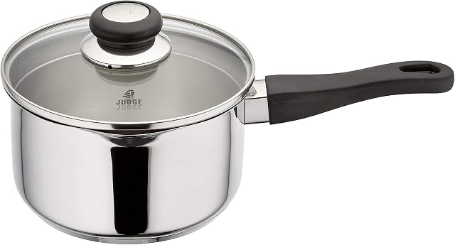 Judge Vista Draining J306A Stainless Steel Large Saucepan with Pouring Lip 18cm 2.1L, Shatterproof Glass Strain & Pour Lid, Induction Ready, Oven Safe, 25 Year