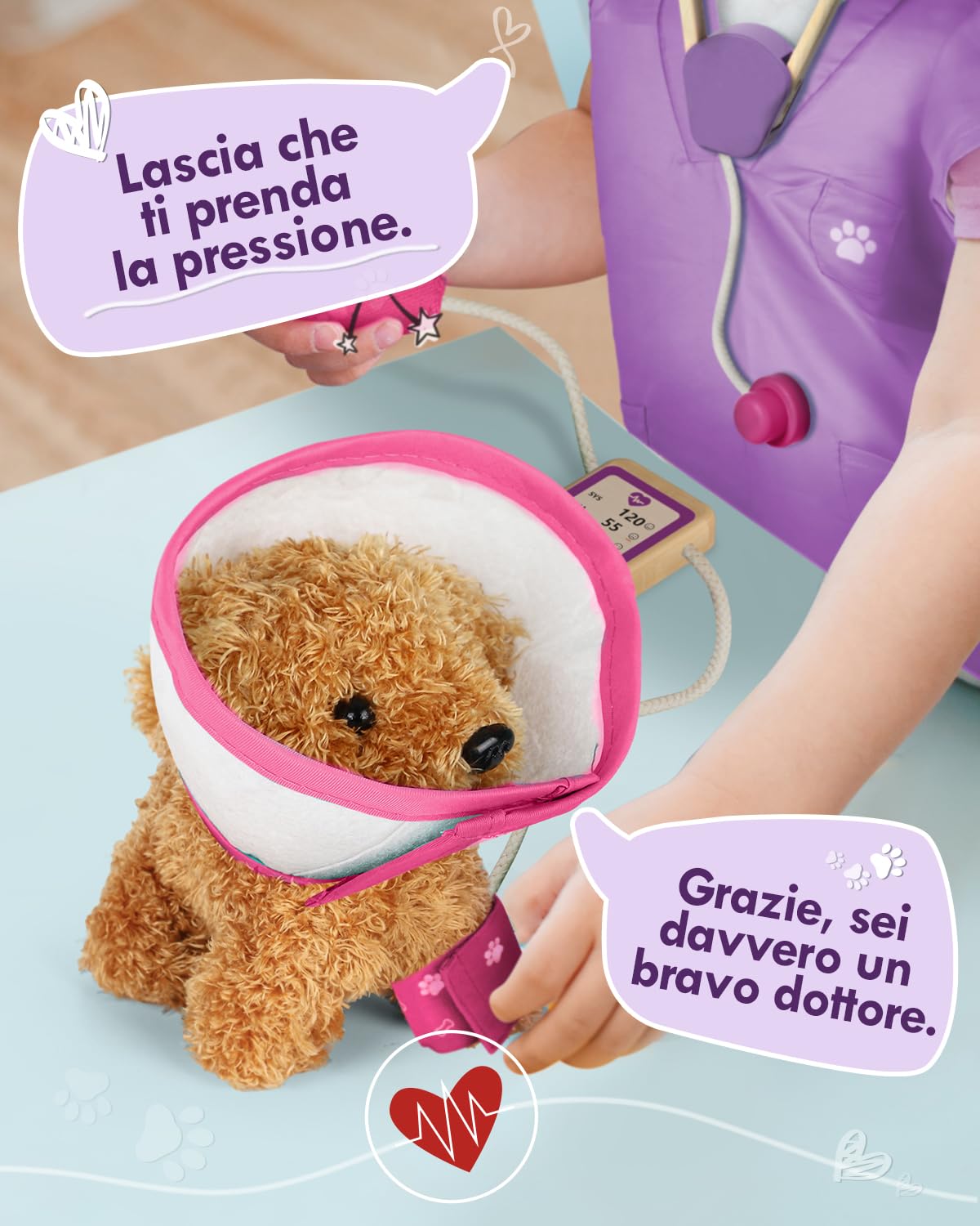 Valigetta Dottore Bambini, Kit Veterinario di Legno, Kit Dottoressa Bambina con Peluche Cane, Valigetta Dottoressa Bambina con Camice e Cappello, Giochi Bambini 3 Anni(Rosa)