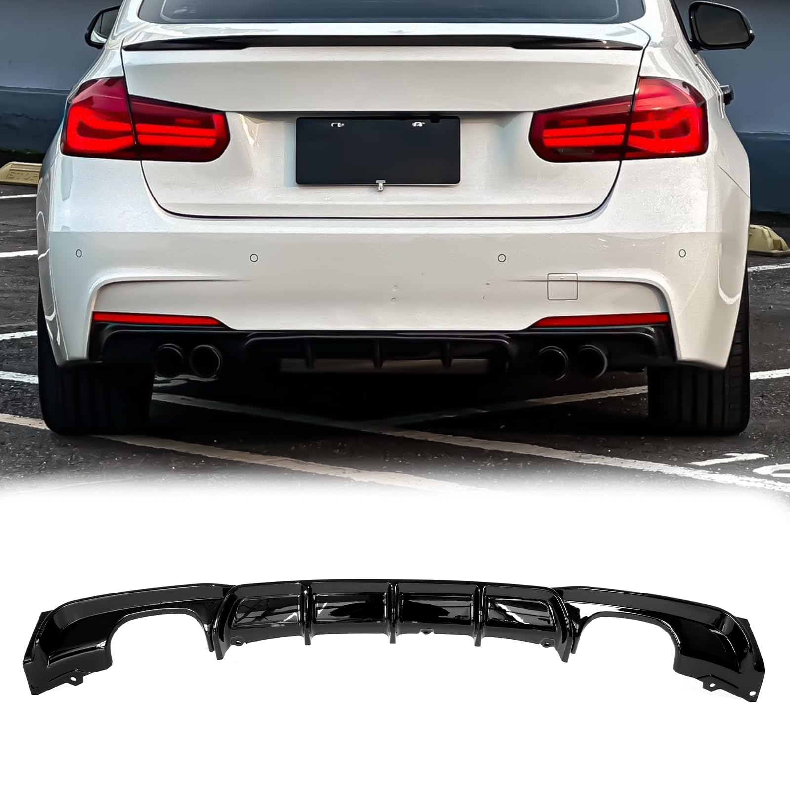 Rear Diffuser for 2013-2019 BMW 3 Series F30 F31 328i 330i MT MP M-Sport Rear Bumper Lower Lip,Glossy Black Diffuser,Double Side Dual Out