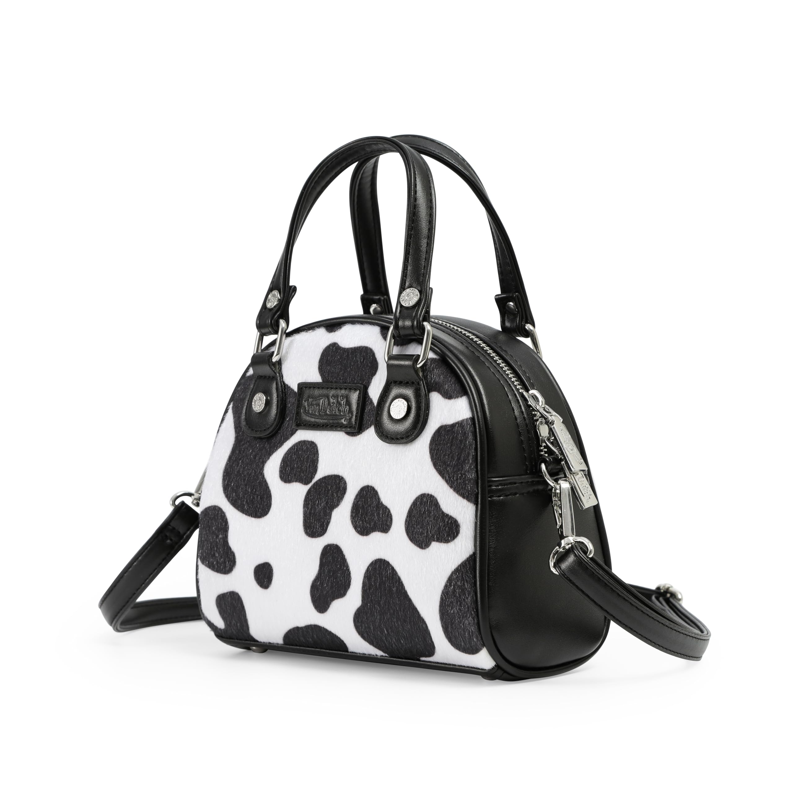 Von Dutch Womens Cow Print Bowling Bag Purse - Stylish Women's Handbag with Adjustable Strap, Spacious Interior, and Vegan Faux Fur (Black)