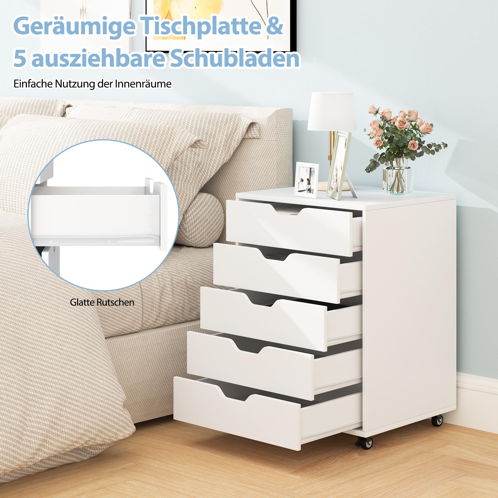 GOPLUS Rollcontainer mit Schubladen, Schubladenschrank mit Rollen, Griffmulden, mobiler Aktenschrank, Bürocontainer Rollschrank für Schlafzimmer Arbeitszimmer & Büro, 48 x 39,5 x 65,5 cm (Weiß)