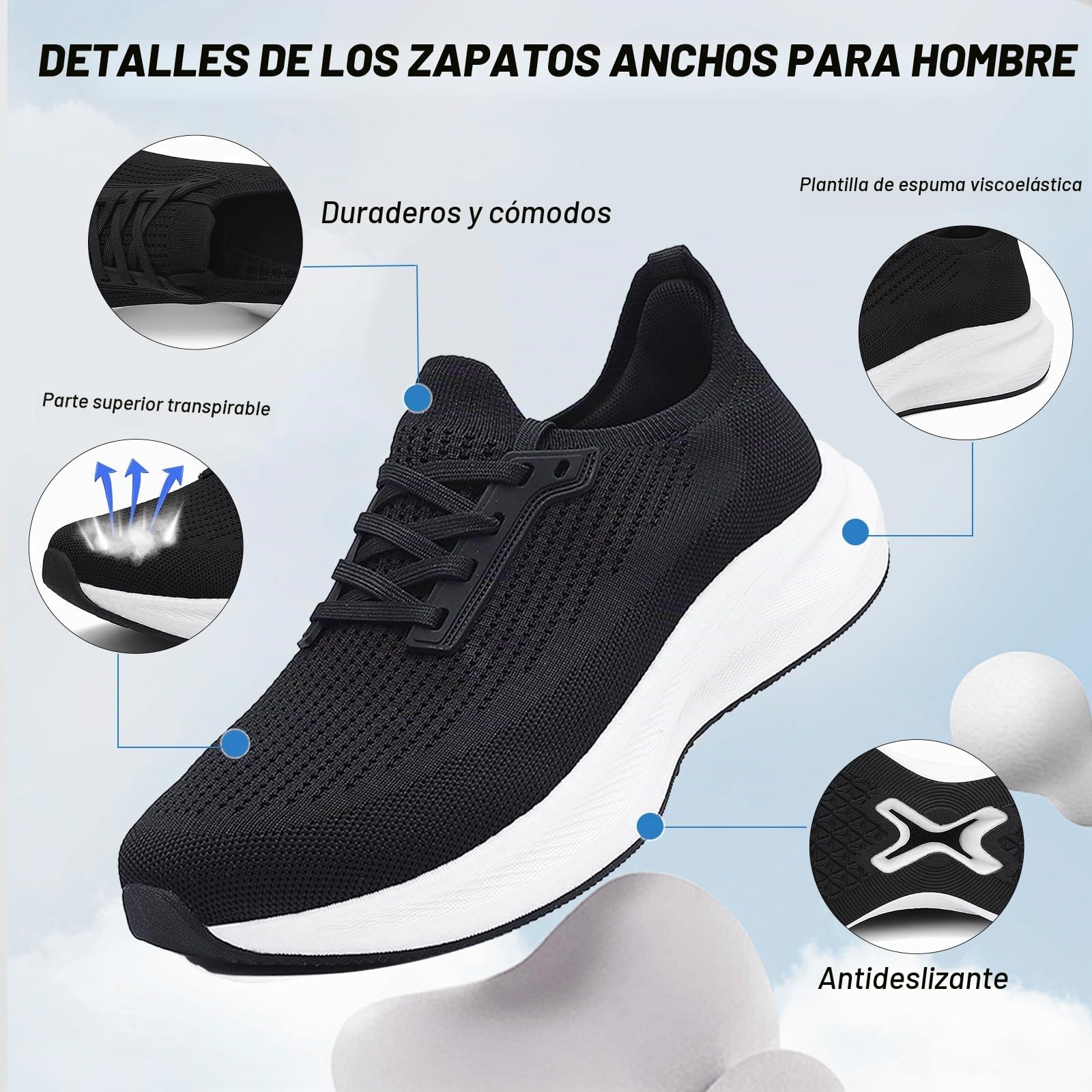 Zapatillas de Running Extra Anchas para Hombre, con amortiguación y Soporte, Ligeras y Transpirables, con Puntera Ancha