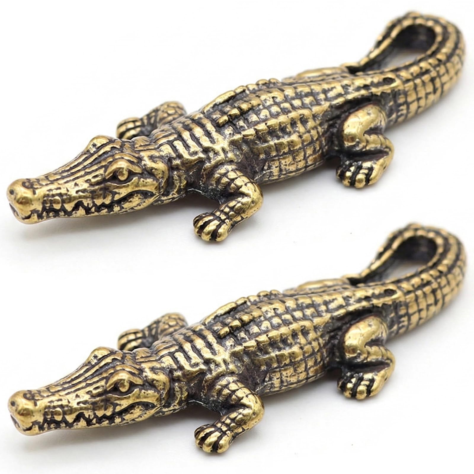 Ngbbby 2Pcs Brass Alligator Figurine, Miniature Crocodile Statue for Home Office Desk Decor Animal Ornament and Keychain Charm