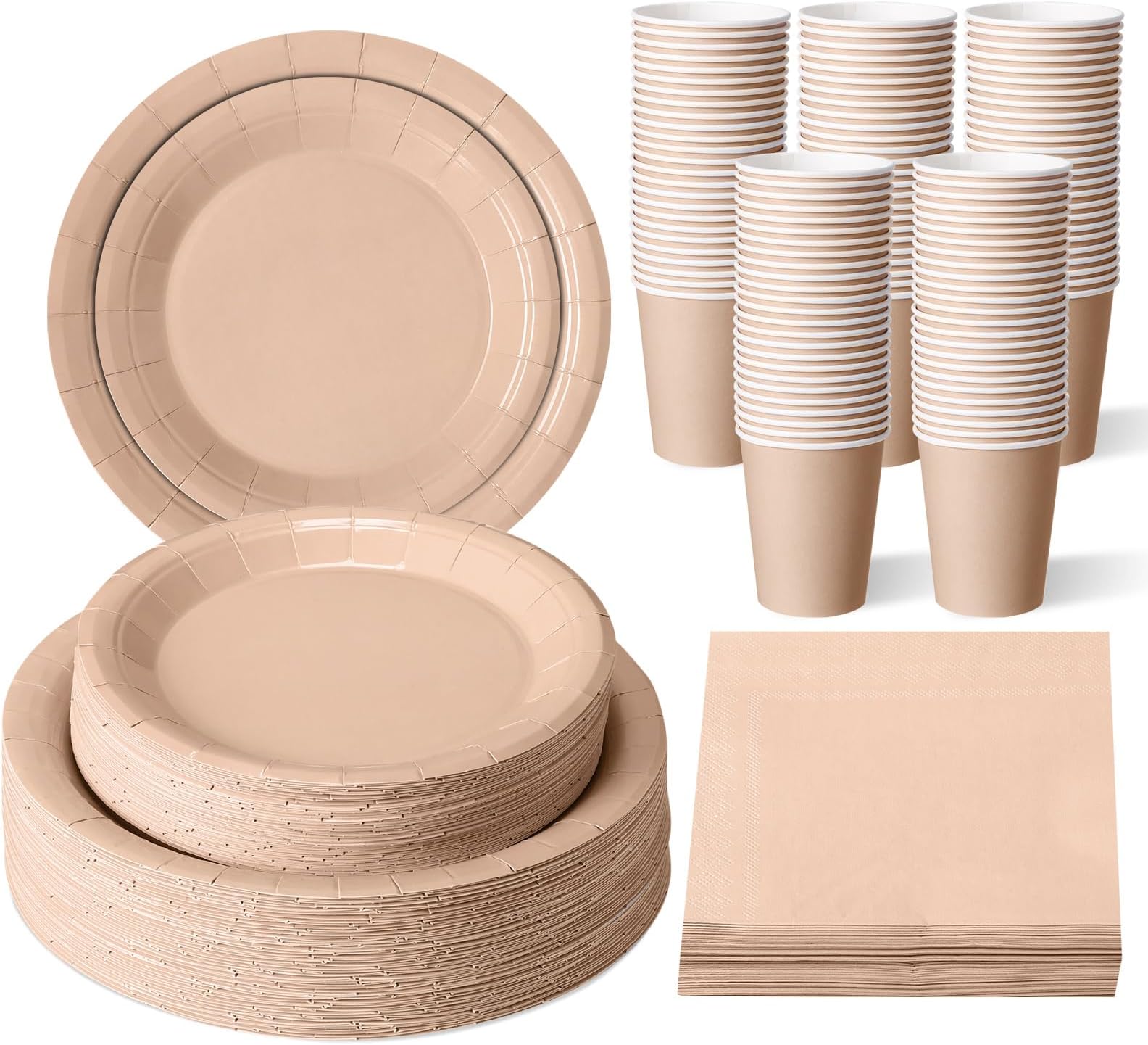 Tioncy 200 Pcs Deep Nude Disposable Paper Plates Cups and Napkins Party Supplies Serve 50 Guests Disposable Paper Dinnerware Set for Birthday Wedding Baby Shower Family Picnic