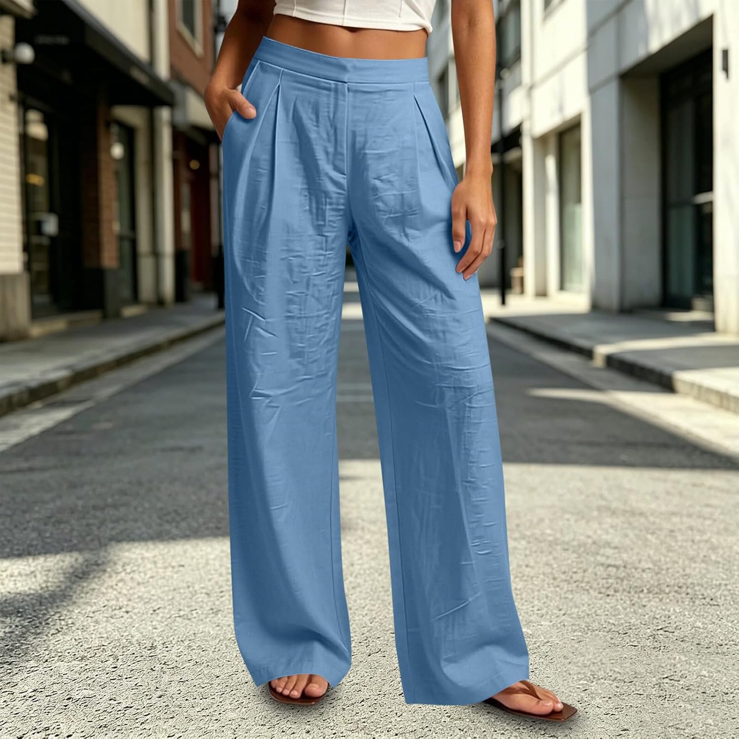 Women Palazzo Ankle Linen Pants Summer Boho Wide Leg High Waist Casual Lounge Pant Beach Travel Vacation Trousers