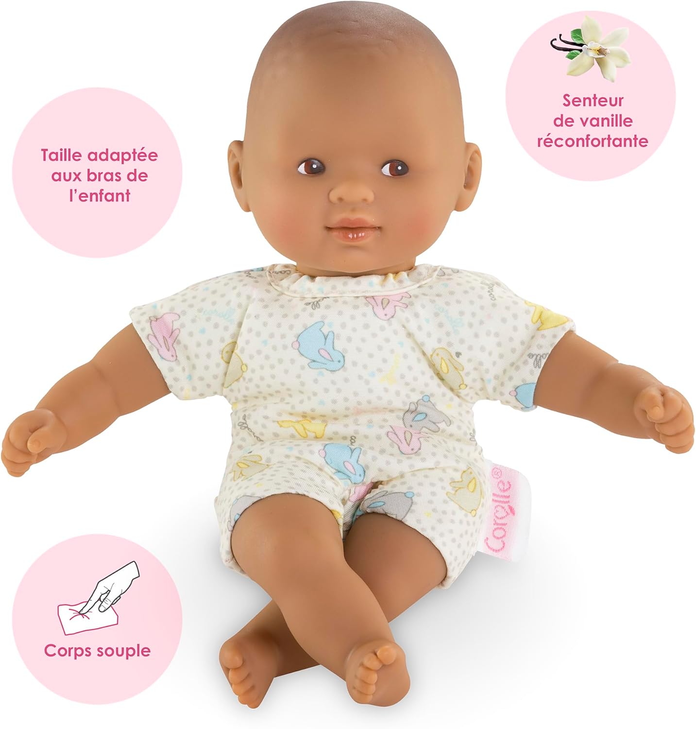Corolle Mini Calin Bunnies Baby Doll - Small 8" Soft Body with Brown Eyes and Bunny Pattern Outfit, Vanilla-Scented, Easy to Hold - for Kids Ages 18 Months and up