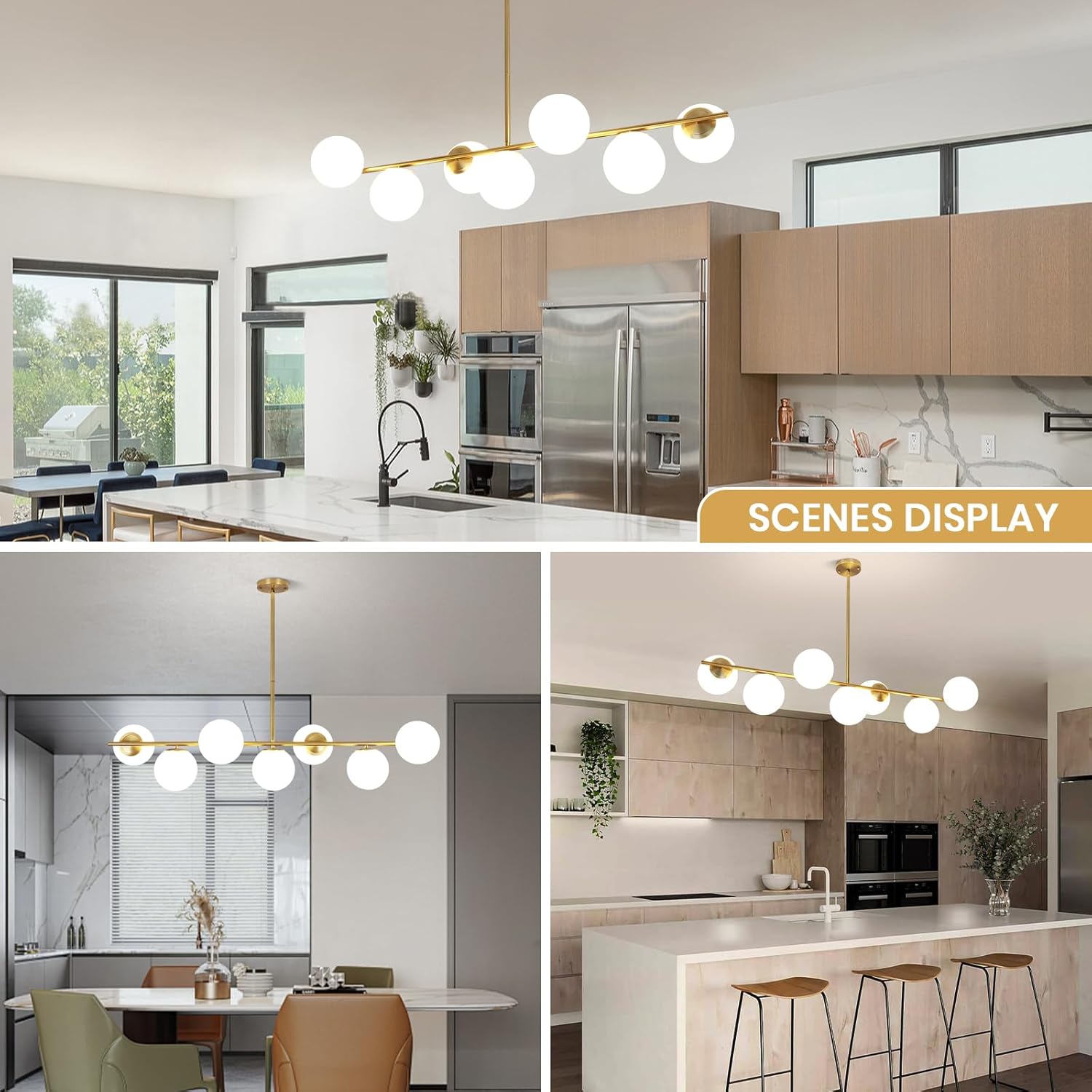 KELUOLY Linear Chandelier for Dining Room, 7-Light Gold Mid Century Pendant Light, 45" Modern Sputnik Kitchen Light Fixture Brushed Brass Finish with White Glass Lampshade for Office, Cafe, bar