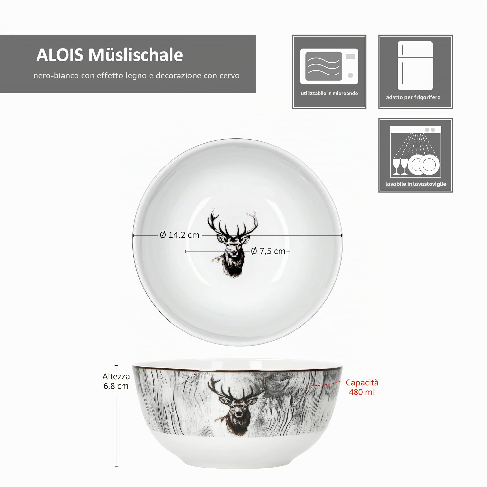 MamboCat Alois - Set di 6 ciotole per cereali, 14,2 cm, 480 ml, in porcellana con decorazione di cervo per 6 persone, ciotole per insalata, zuppa, patatine e così via.