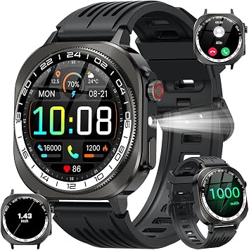 uaue Military Smart Watches for MenAnswer/Make Call, AMOLED 1.43" Smartwatch, Flashlight/130+ Sports/Heart Rate/Sleep Monitor/Fitness Activity Tracker, IP68 Waterproof Fitness Watch for Android iOS