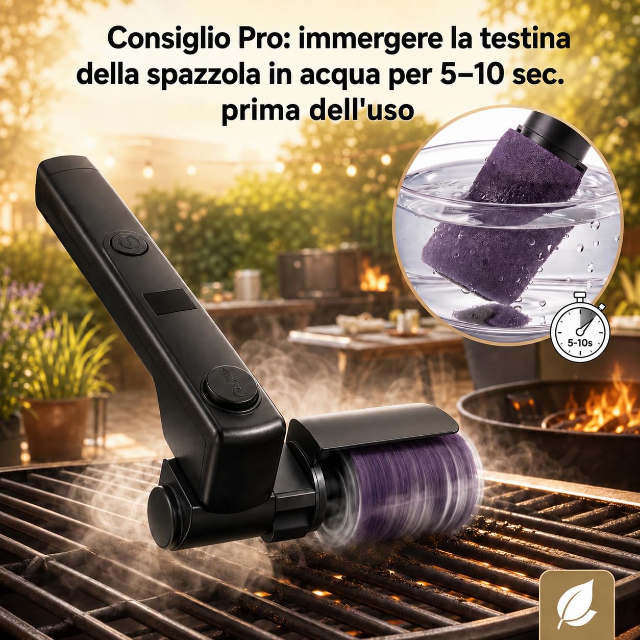 Spazzola Elettrica per Barbecue Senza Fili Angolo 270° Regolabile | 3 livelli pulizia, durata 90 min, impermeabile IPX7, testine acciaio inox e nylon, USB-C, grigliate e barbecue carbonella