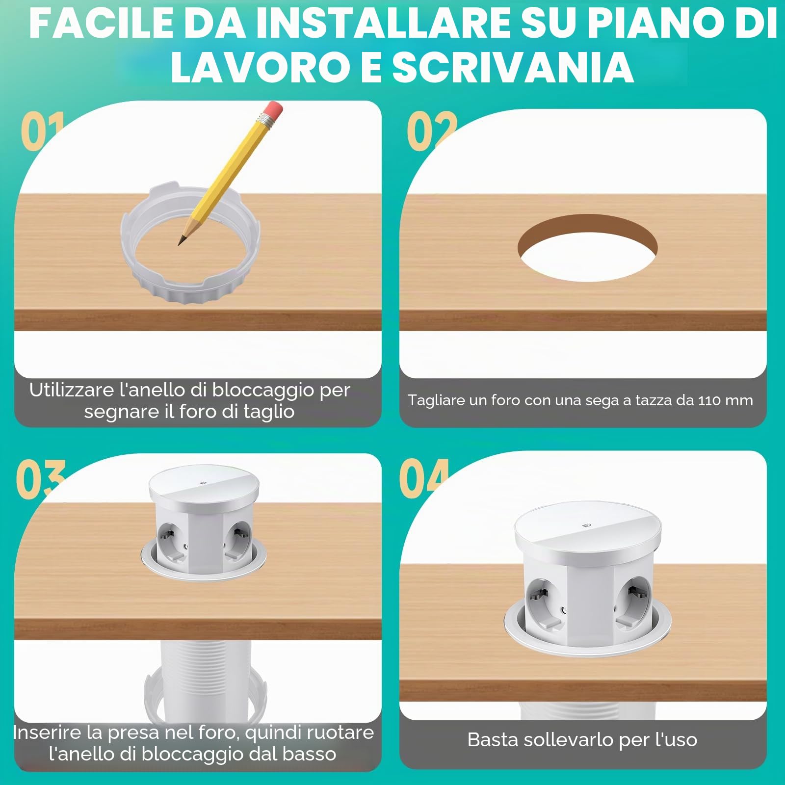 Presa a scomparsa a 3 prese con 1 USB C, 1 USB-A, piano di lavoro da cucina, presa da tavolo a scomparsa con caricatore senza fili, cavo da 1,5 m, per ufficio, cucina, presa da incasso (bianco)