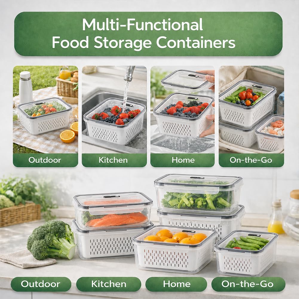 Contenitori per Frutta da Frigo, Set 3/4 Pezzi con Cestello Scolapasta Rimovibile, Ermetici e Impilabili, Ideali per Verdura, Bacche e Alimenti (4Pcs)