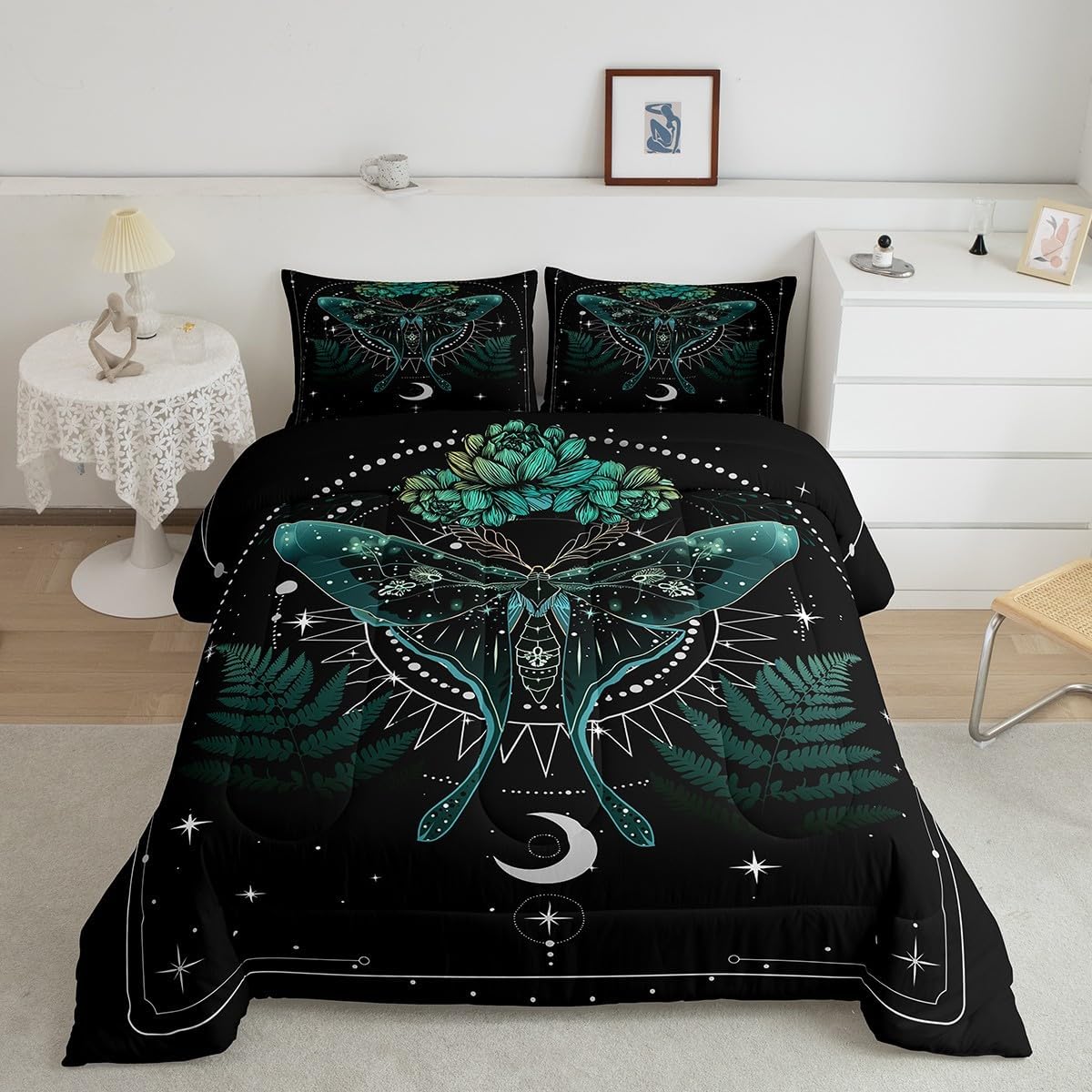 Castle Fairy Moth Comforter Set King Size,Boho Stars Moon Space Leaves Plant Bedding Set All Season Quilt Set,Gothic Animal Galaxy Microfiber Polyester Down Comforter