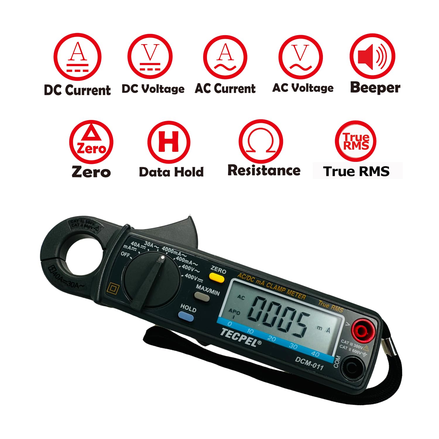 TECPEL DCM-011 Mini Clamp Meter AC/DC Amp Meter Clamp Multimeter, True RMS 3999 Counts Voltmeter Continuity Tester, HVAC Tool Alligator Electric Clips, DC 1mA, AC 0.1mA