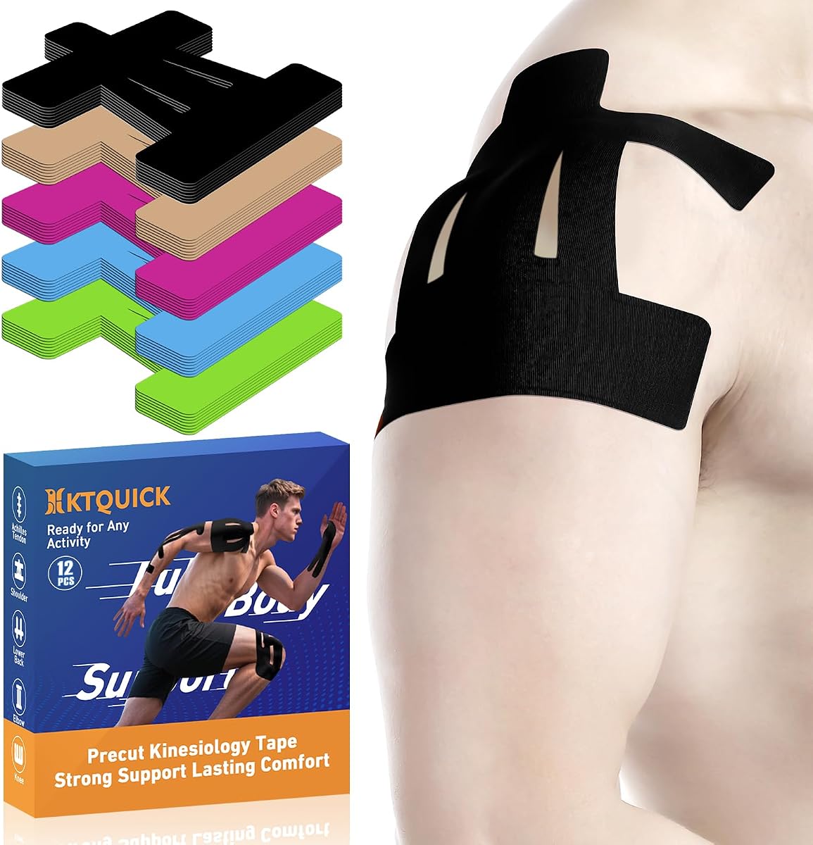 Precut Kinesiology Tape for Shoulder, 12 PCS, 20% Stronger Adhesive | Black, Precut Shoulder Support Tape with Premium Cotton, Breathable, Waterproof, Latex-Free Athletic Tape for Training&Sports