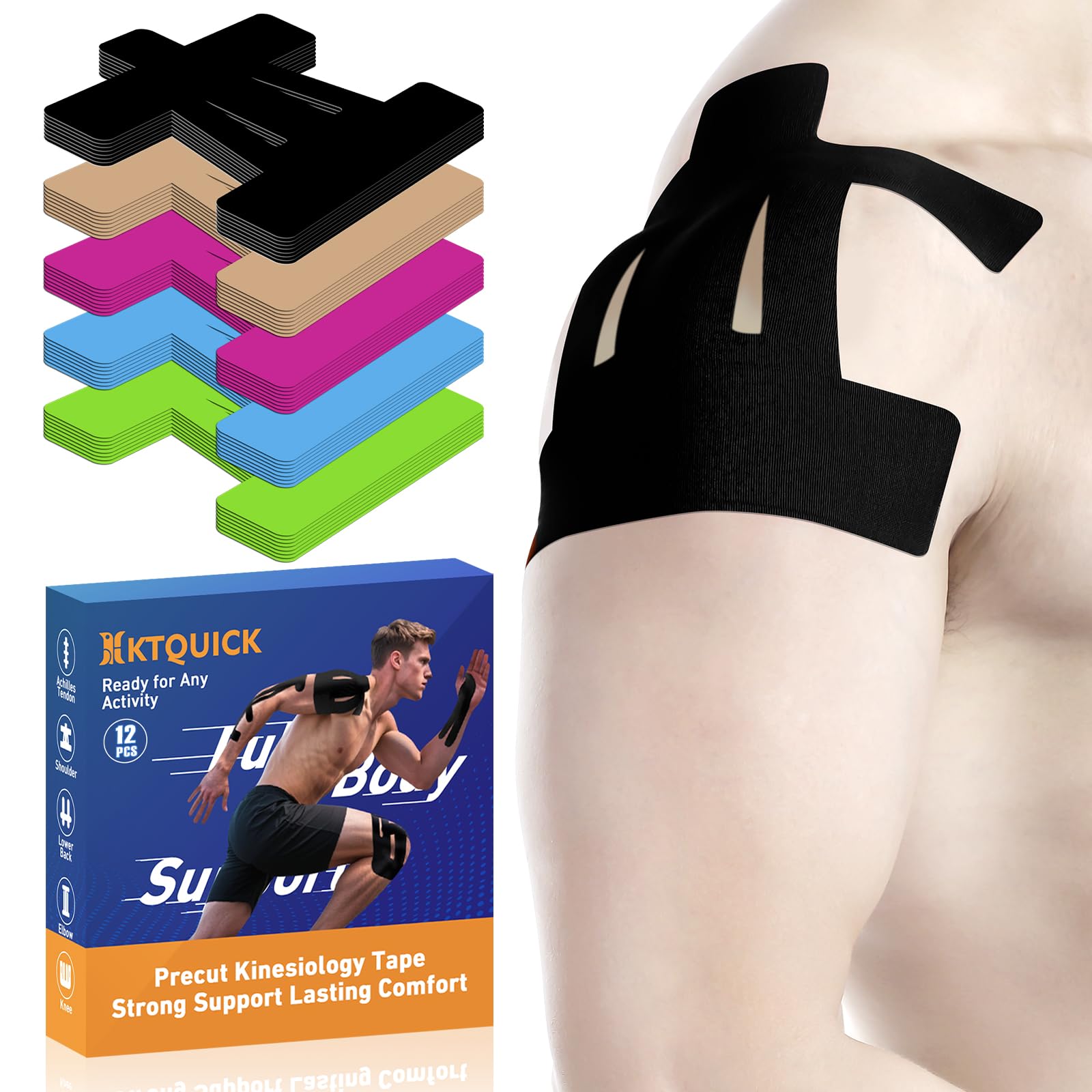 Kinesiology Tape for Shoulder Precut, 12 PCS Shoulder Tape for Pain Relief, KTQUICK Original Cotton Waterproof & Breathable, Enhance Elastic Sports Tape for Pain Support and Muscle Sports, Black