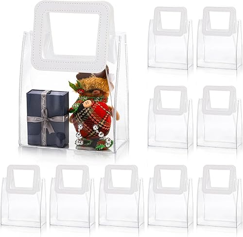 Miniatura 10 de yarlung Paquete de 18 bolsas de regalo transparentes para decoración de Navidad, bolsas de recuerdo de fiesta de PVC con asas blancas, bolsa de