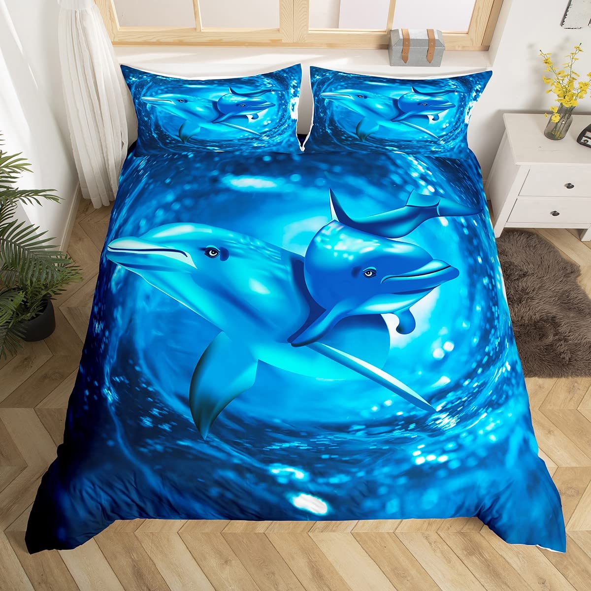 Loussiesd Kid Dolphin Bedding Set Cute Dolphin Duvet Cover Marine Life Comforter Cover for Children Boys Girls Sea Animal Blue Wave Decor King Bedspread Cover Decor Microfiber Bedclothes