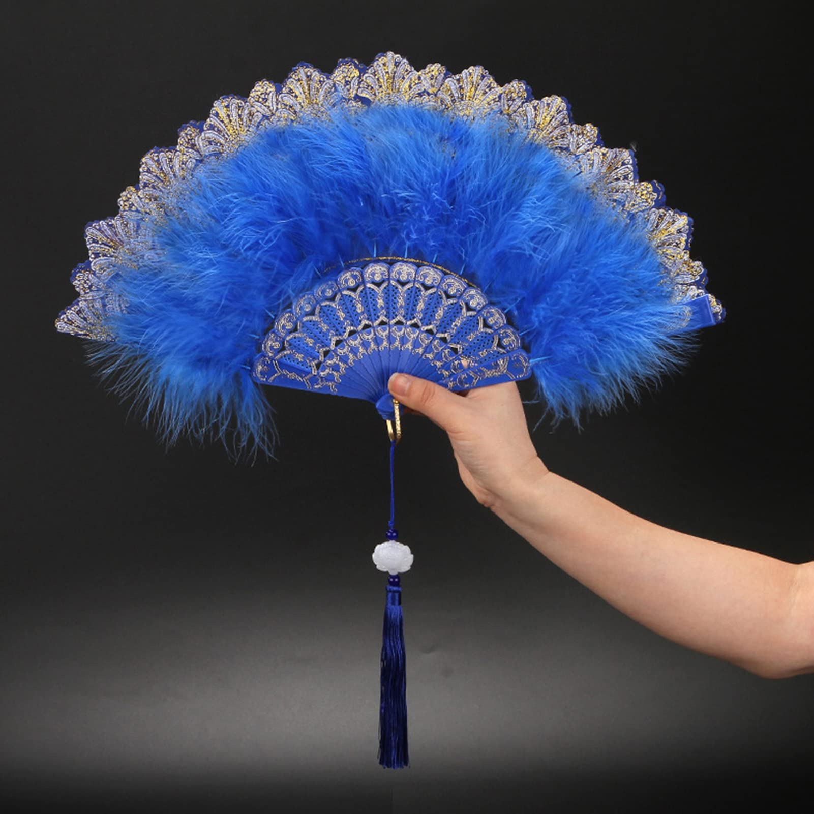 Worparsen Feather Fan Tassel Design Decorative Creative Feather Hand Fan Dancing Photography Prop for Festival Royal Blue