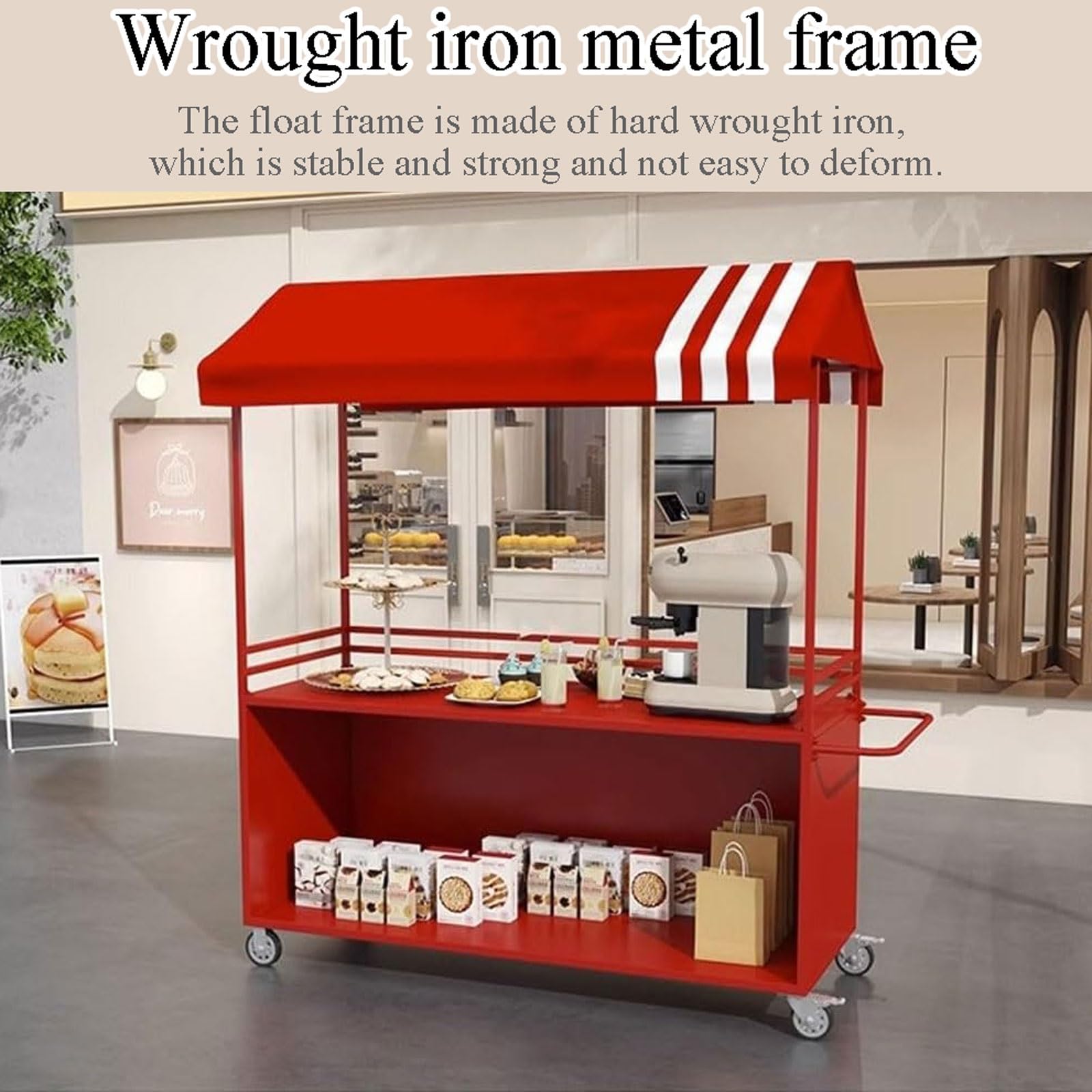 Carrello venditori ambulanti con tettoia bancarella mobile ruote bloccabili carretto salumi ferro esterno 100cm
