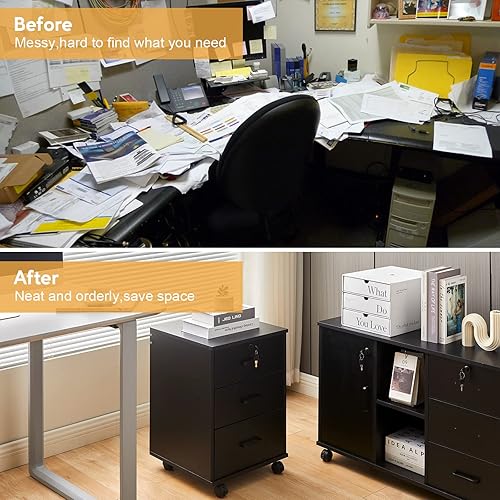 Miniatura 5 de TUKAILAi Archivador móvil con 3 cajones, unidad de almacenamiento con cerradura, archivador de madera con ruedas, para documentos de tamaño