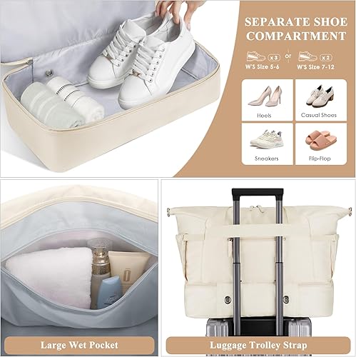 Miniatura 4 de Bolsa de gimnasio ETRONIK para mujeres, bolsa de viaje con compartimento para zapatos, bolsa de fin de semana con puerto de carga USB, Beige, Grande