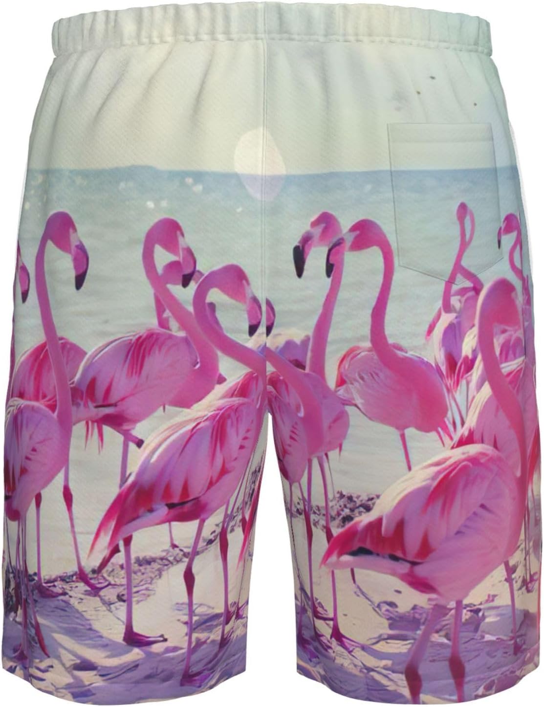 Flock of Red Flamingos on The Beach Print Men's Swim Trunks Quick Dry Beach Shorts with Pockets Lining Swimwear