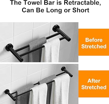 Adjustable Towel Rack 43-72CM Wall Mounted Towel Rail SUS304 Stainless Steel Towel Holder Towel Bars for Kitchen Bathroom Toilet Hotel Office, Black (Double Bar)
