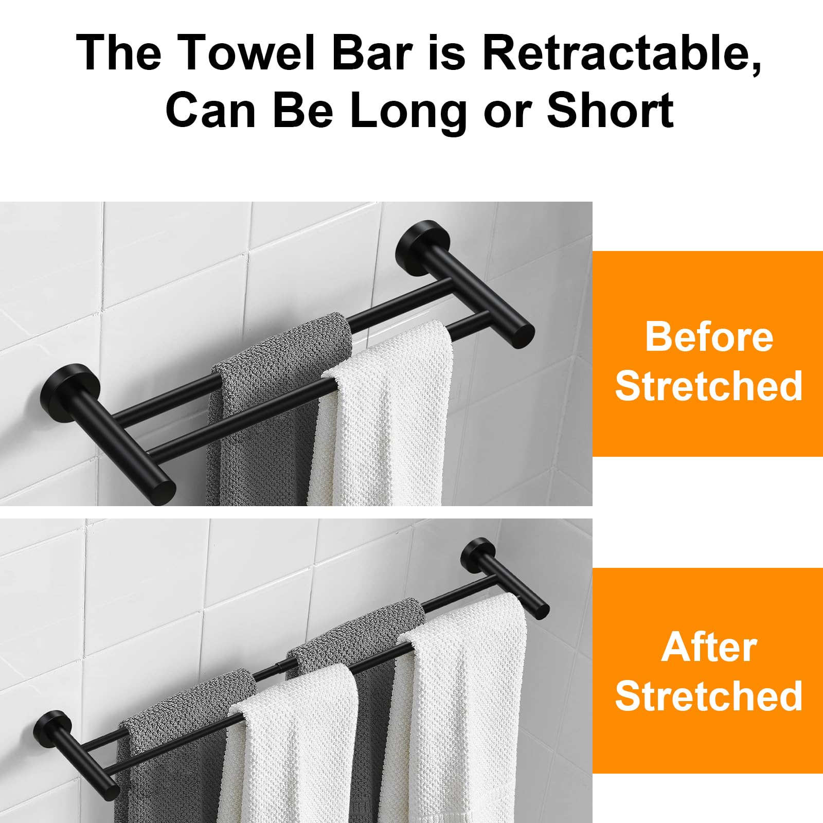 Toalleros Pared Toalleros Baño Toallero Barra Toalla de Mano Toallero Ajustable Retráctil 43-72CM para Montar en la Pared, toallero de Barra para Cocina, baño, Inodoro, Negro (Barra Doble)