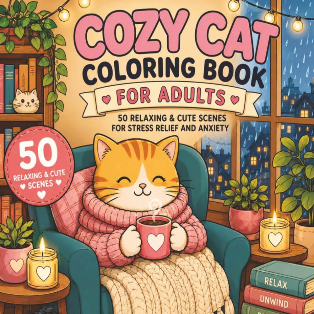 Cozy Cat Coloring Book for Adults: 50 Relaxing Hygge Cat Scenes for Stress Relief and Relaxation: rainy day coloring and bold and easy coloring book