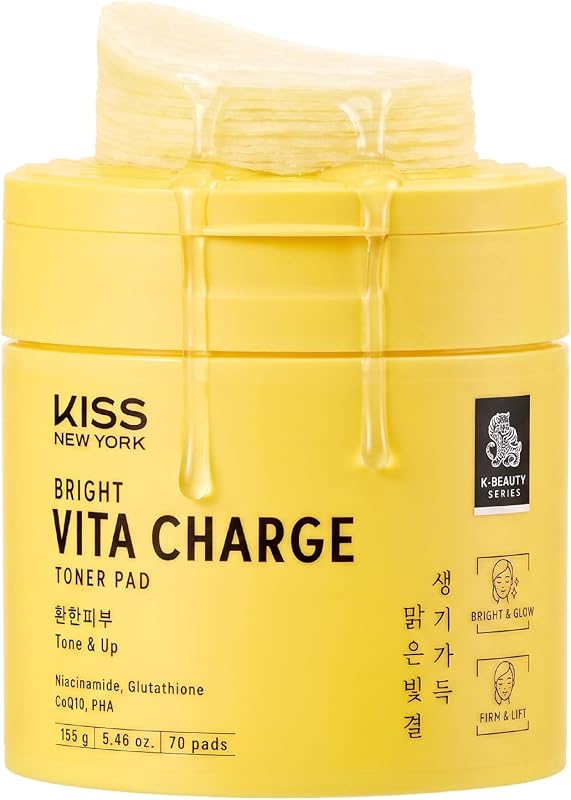 Kiss New York Bright Vita Charge Pads Tônicos Faciais com Niacinamida, Glutationa e PHA, 70 Unidades