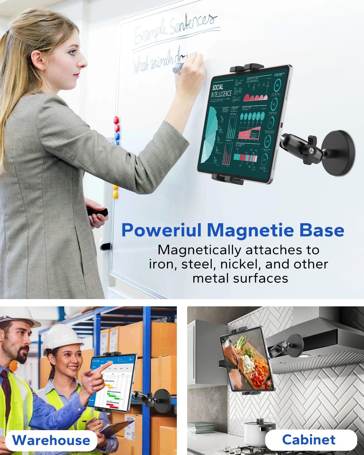 GDZN Magnetic Tablet Holder, Alloy Base & Metal Ball Head - 360° Adjustable Magnetic iPad Mount for Fridge, Cabinet, Gym, Truck, Forklift, Tractor, Metal Surface, for 4.7-13" iPad Pro, iPhone, Galaxy