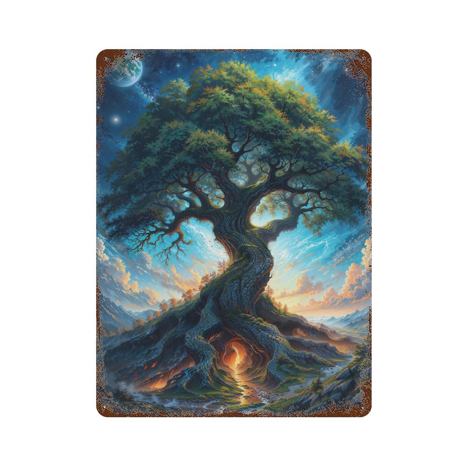 Enchanted Cosmic Tree Rust Effect Tin Sign 15.7"x11.8", Novelty Wall Decor for Garage, Pub Or Kitchen
