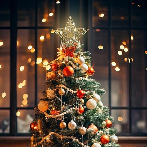 Miniatura 6 de Decoración para árbol de Navidad, estrella dorada de hogardeck para decoración de Navidad, 20 luces LED con purpurina para decoración de árbol de