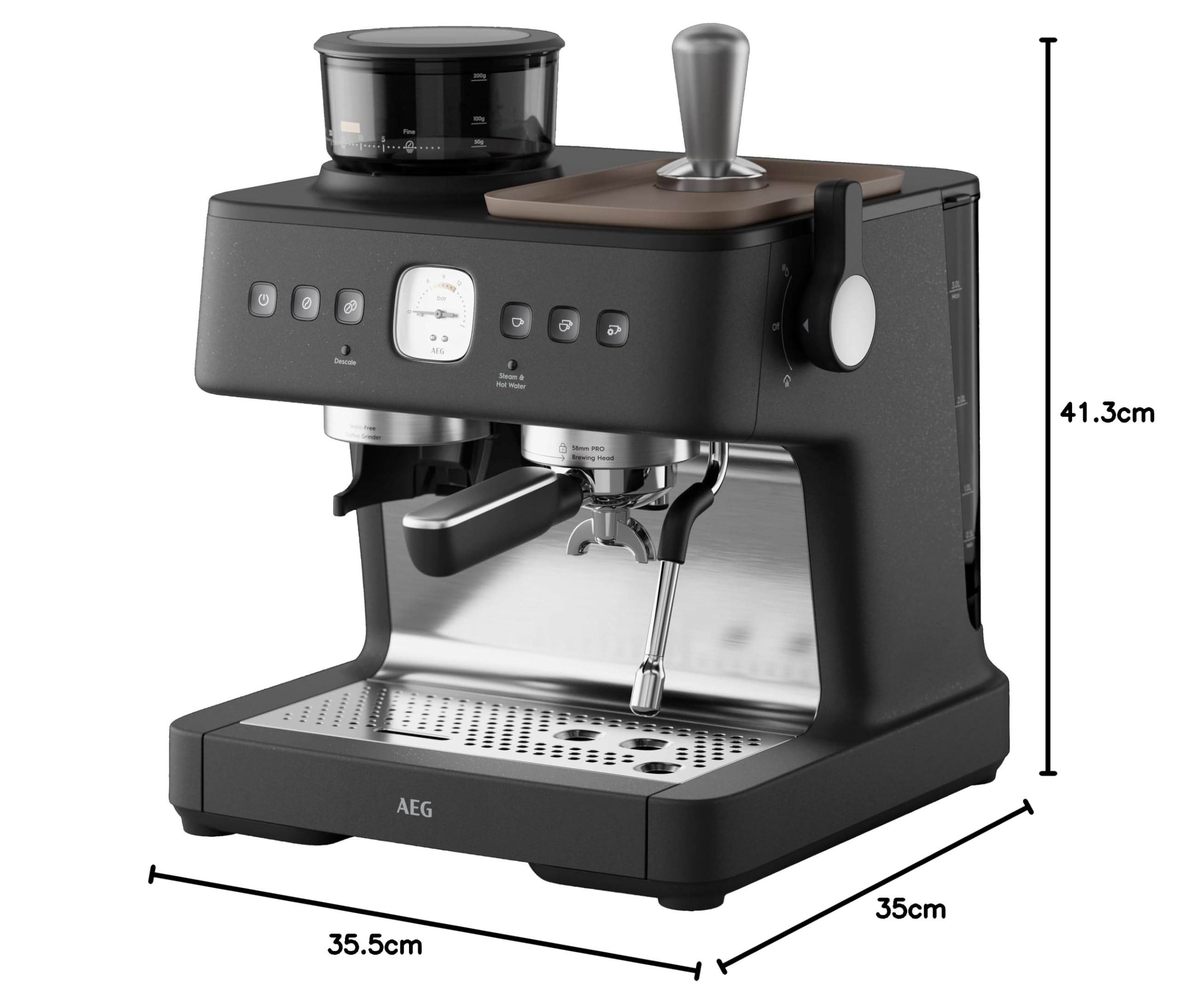AEG Espresso Siebträgermaschine EC8-1-8BP, Dual Thermoblock, 30 Mahlgrade, 20 Bar, PID, 58mm Brühkopf, Black Pearl