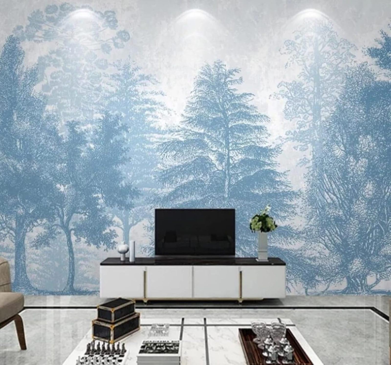 XLMING Hand Drawn Blue Forest Art Unique 3D Wallpaper Luxury Silk Study Dining Feature Sofa Grey Bedroom Living Room Tv Decorative Wall-400cm×280cm