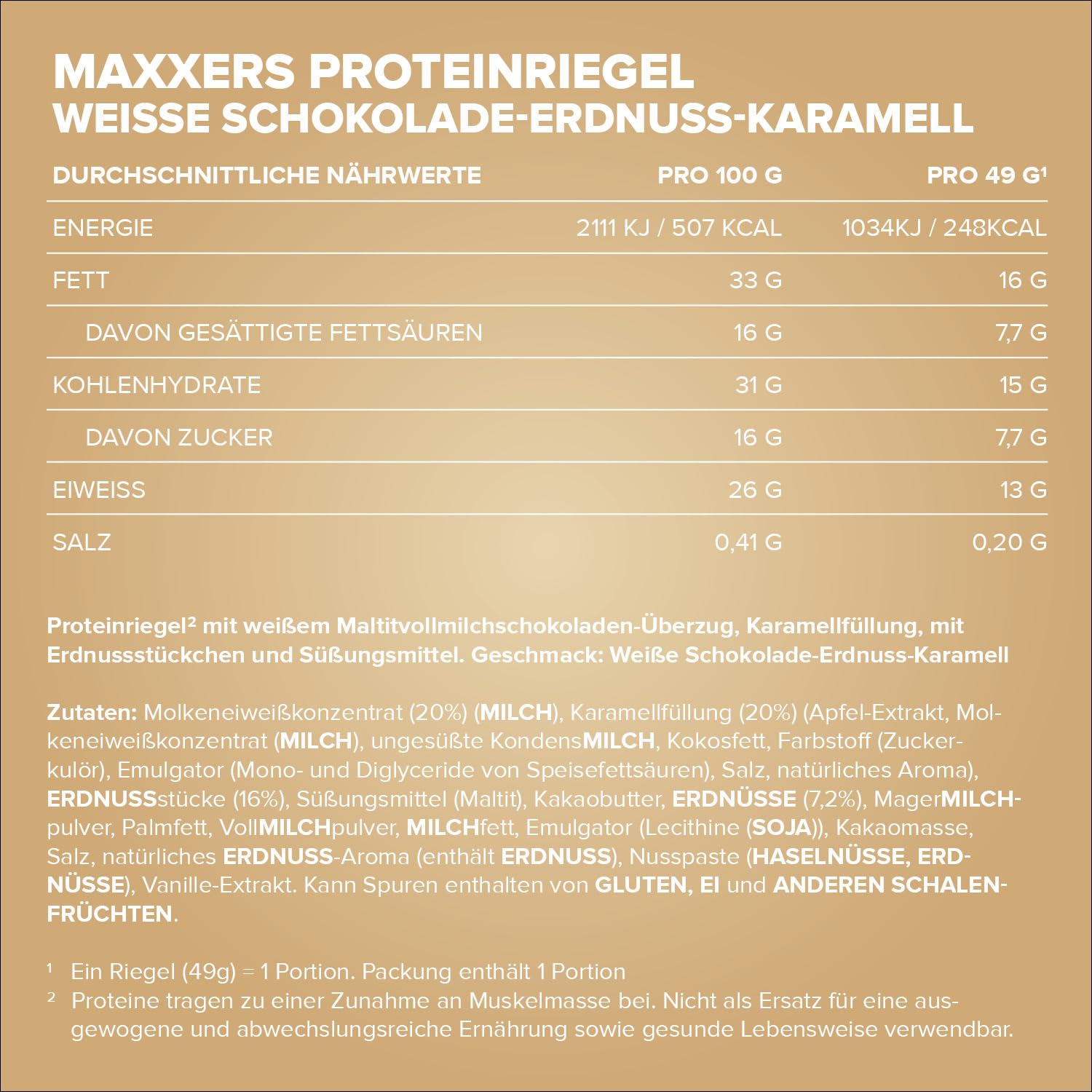 IronMaxx Maxxers Barrita de Proteína - White Choc-Peanut-Caramel 24x49g | Snack alto en proteínas con trozos de cacahuete reales | Sin azúcar añadido | Perfecto para llevar