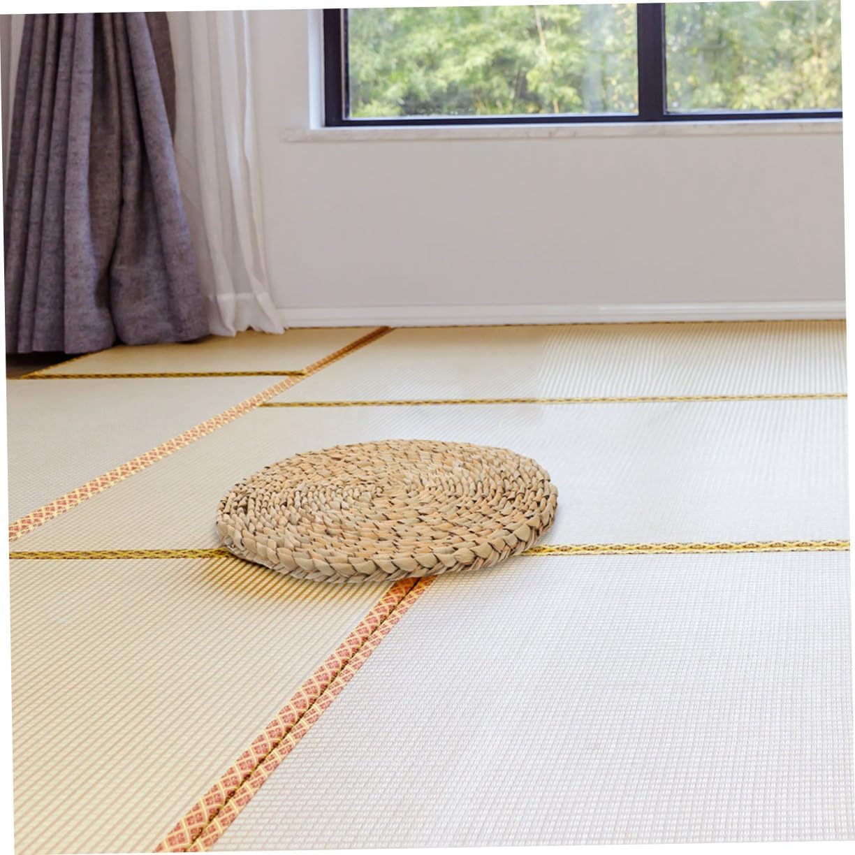 Yardwe Japanese Straw Cushion Round Floor Pillow for Adults Durable Woven Tatami Seat Mat Simple Stylish Design for Meditation Living Room Balcony Seating